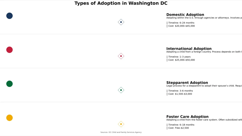 Infographic explaining domestic, international, stepparent and foster care adoption options in Washington D.C.