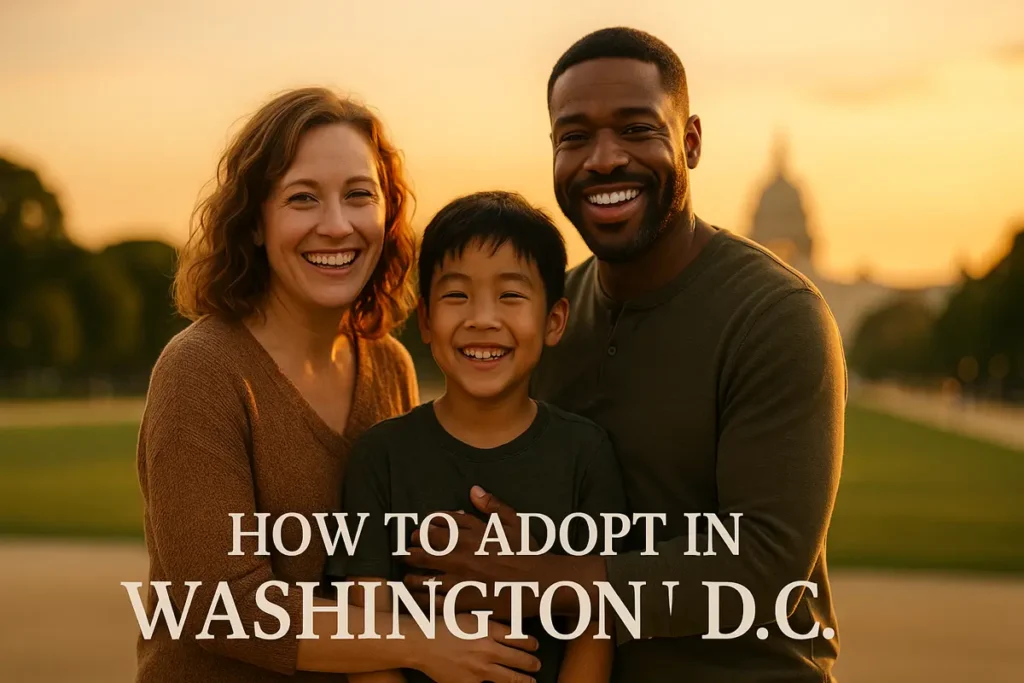 Smiling adoptive family with child at Washington D.C. Capitol grounds